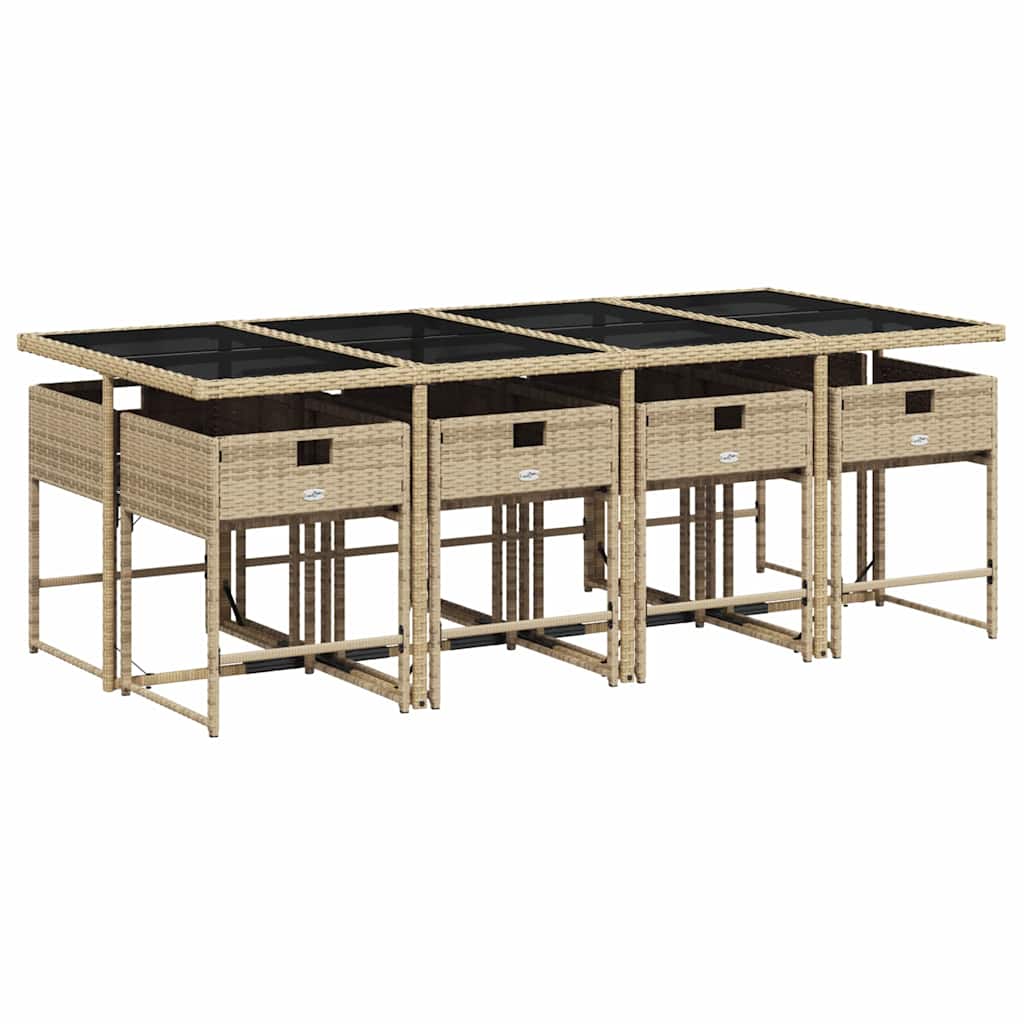 Vrtna jedilna garnitura 9-delna z blazinami bež poli ratan – 220x106 cm, svetlo siva blazine, steklo - slika 3