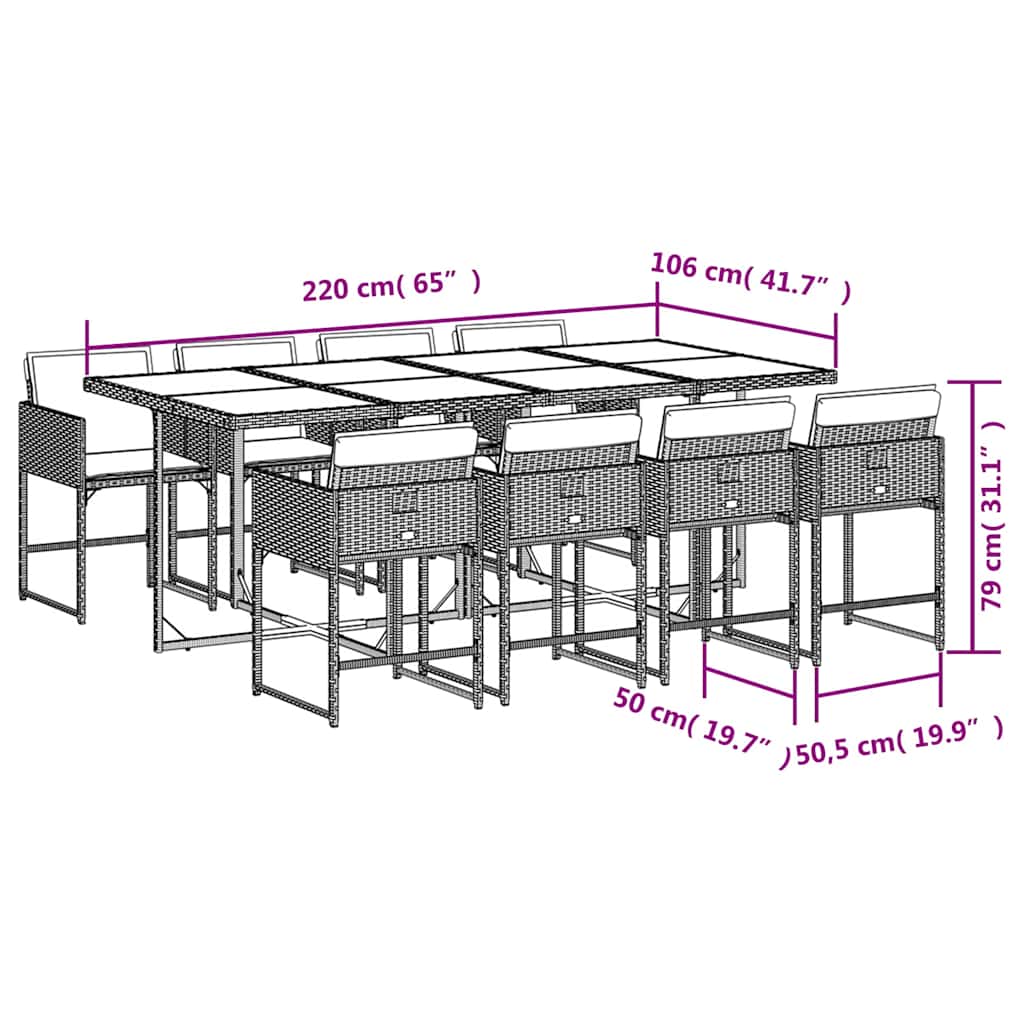 Vrtna jedilna garnitura 9-delna z blazinami bež poli ratan – 220x106 cm, svetlo siva blazine, steklo - slika 6