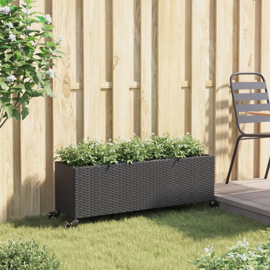 Vrtno korito s kolesi in 3 lonci črna 107x32x38 cm poli ratan - slika 3