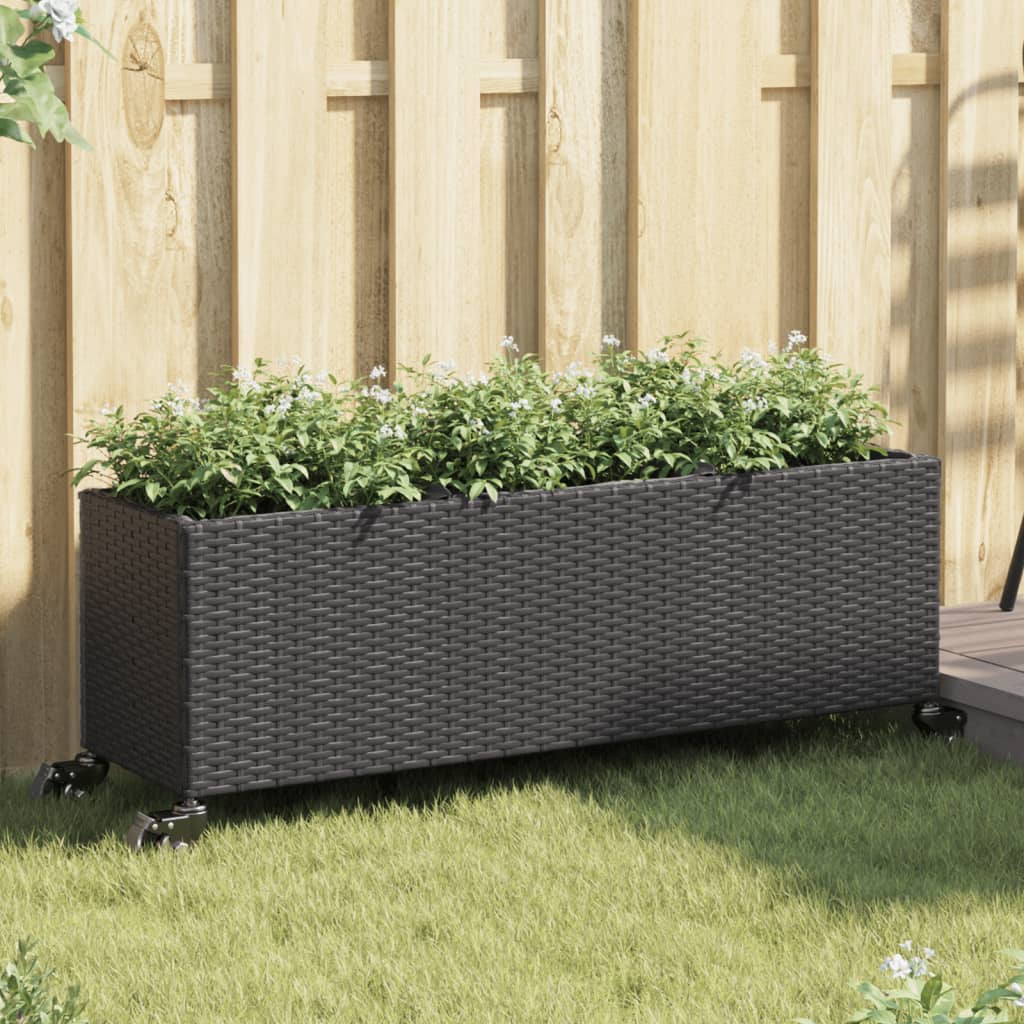 Vrtno korito s kolesi in 3 lonci črna 107x32x38 cm poli ratan