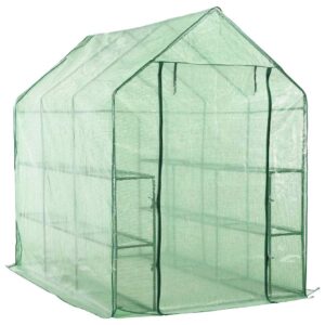 Rastlinjak z vhodom in 12 policami 143 x 214 x 196 cm, zelen